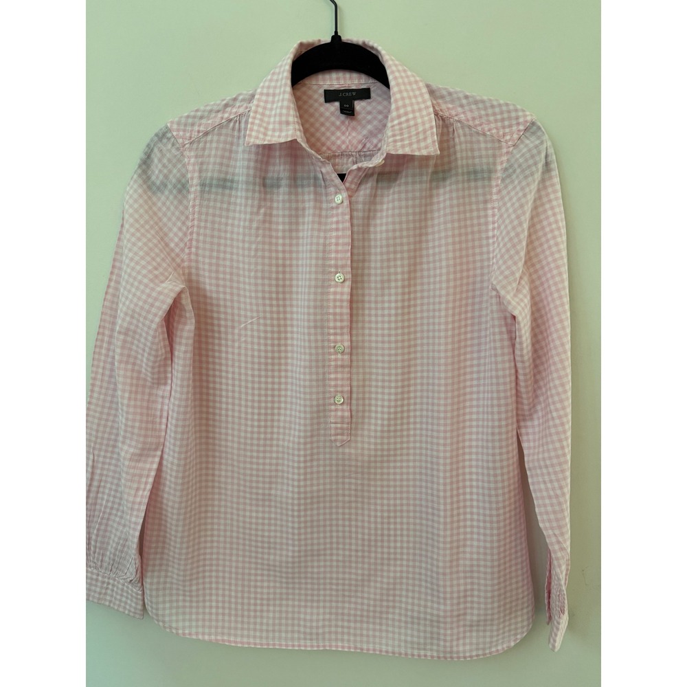Pink and white gingham long-sleeve button-front shirt with a soft classic preppy